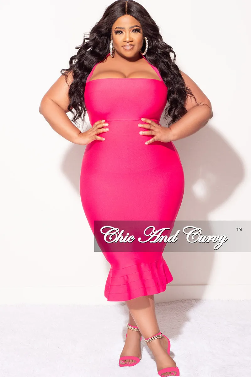 Final Sale Plus Size Halter Bandage Dress with Ruffle Bottom in Fuchsia