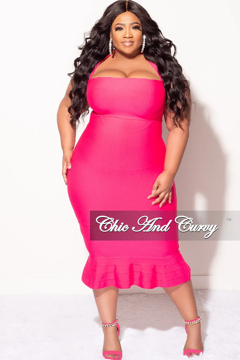 Final Sale Plus Size Halter Bandage Dress with Ruffle Bottom in Fuchsia