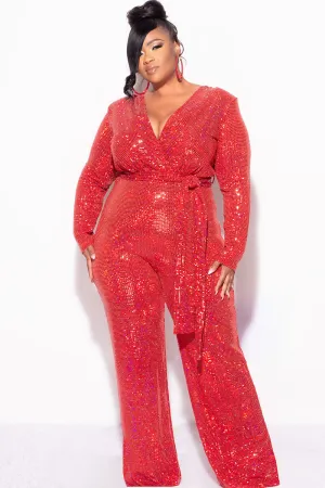Final Sale Plus Size Long Sleeve Faux Sequin Wrap Jumpsuit with Attached Tie in Red Final Sale Plus Size Long Sleeve Faux Sequin Wrap Jumpsuit with Attached Tie in Red