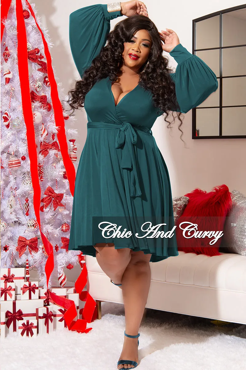 Final Sale Plus Size Long Sleeve Faux Wrap Skater Dress in Hunter Green