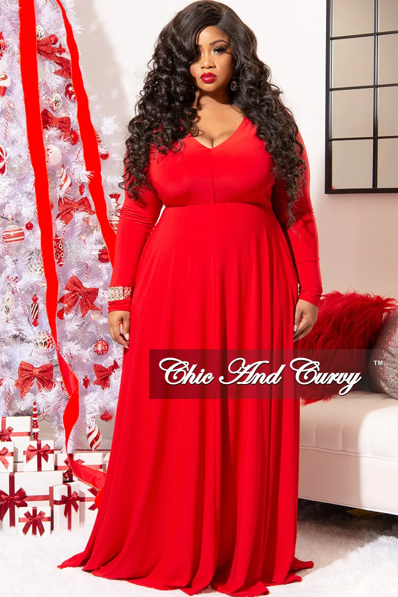Final Sale Plus Size Long Sleeve Gown with V-Neck in Red