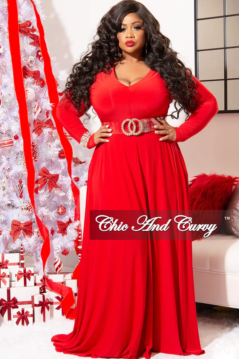 Final Sale Plus Size Long Sleeve Gown with V-Neck in Red