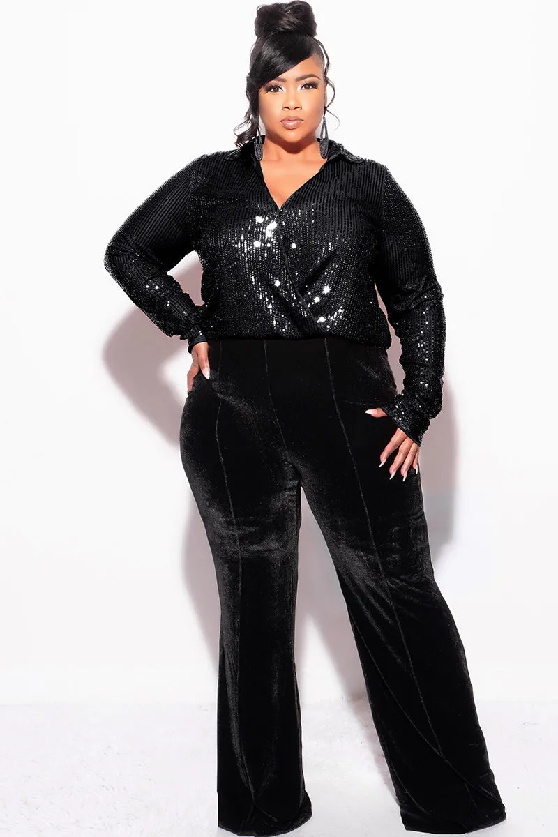 Final Sale Plus Size Long Sleeve Sequin Top Elastic At The Waist - Black