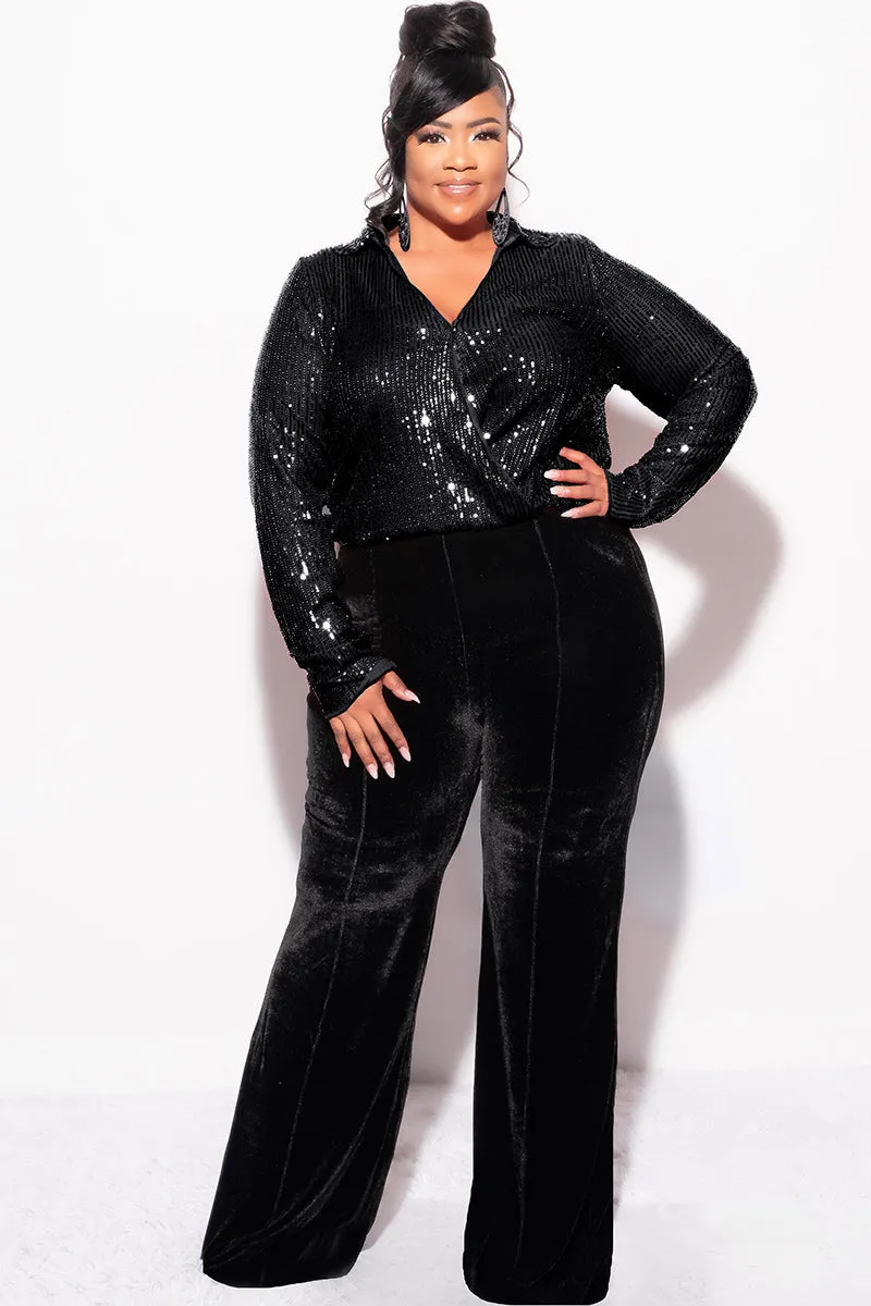 Final Sale Plus Size Long Sleeve Sequin Top Elastic At The Waist - Black