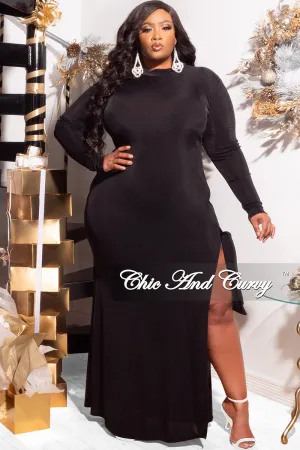 Final Sale Plus Size Maxi Dress with High Slit and Tie in Black Final Sale Plus Size Maxi Dress with High Slit and Tie in Black