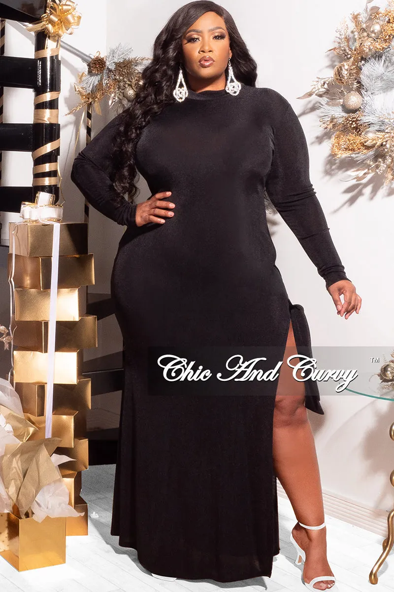 Final Sale Plus Size Maxi Dress with High Slit and Tie in Black