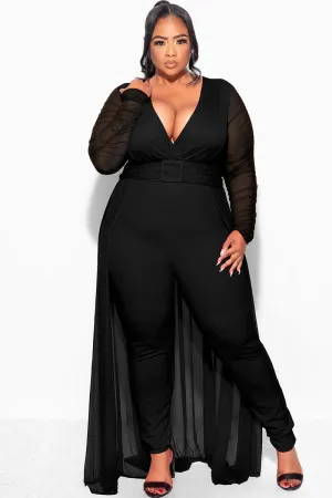 Final Sale  Plus Size Mesh Ruched Sleeve Jumpsuit with Attached Long Skirt in Black Final Sale  Plus Size Mesh Ruched Sleeve Jumpsuit with Attached Long Skirt in Black