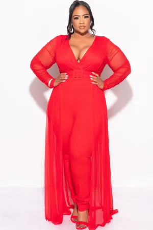 Final Sale Plus Size Mesh Ruched Sleeve Jumpsuit with Attached Long Skirt in Red Final Sale Plus Size Mesh Ruched Sleeve Jumpsuit with Attached Long Skirt in Red