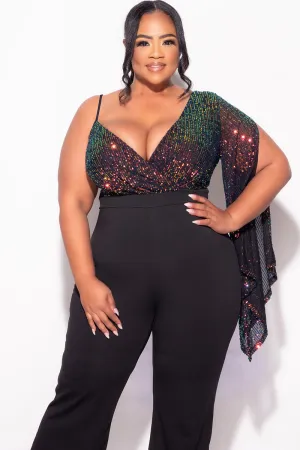 Final Sale Plus Size Multi Color Sequin Faux Wrap One Shoulder Jumpsuit with Slit Sleeve in Black Final Sale Plus Size Multi Color Sequin Faux Wrap One Shoulder Jumpsuit with Slit Sleeve in Black