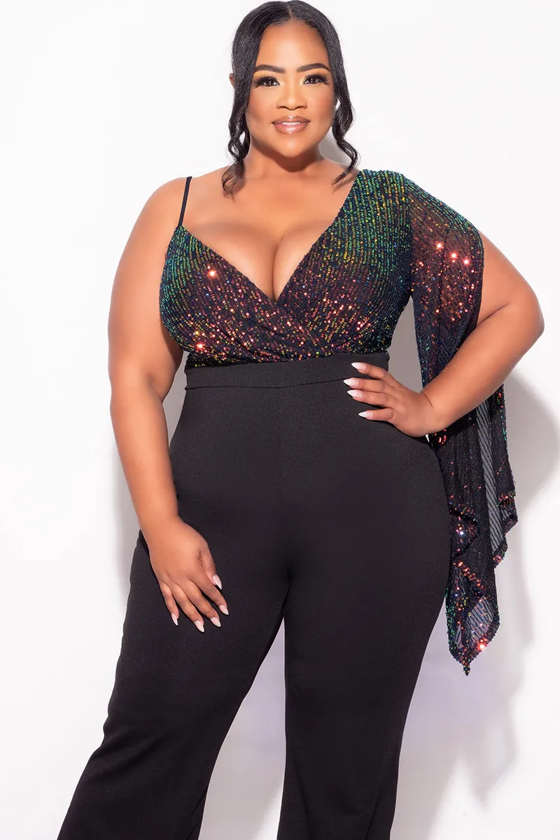 Final Sale Plus Size Multi Color Sequin Faux Wrap One Shoulder Jumpsuit with Slit Sleeve in Black