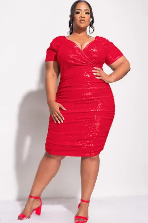 Final Sale Plus Size Off The Shoulder Faux Wrap Confetti Dot Knit Sequin BodyCon Dress in Red Final Sale Plus Size Off The Shoulder Faux Wrap Confetti Dot Knit Sequin BodyCon Dress in Red