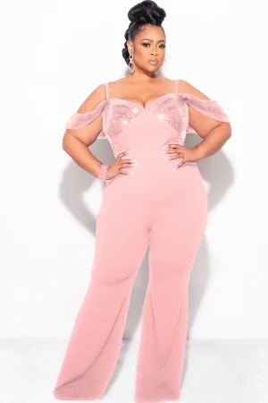Final Sale Plus Size Off The Shoulder Faux Wrap Sequin Jumpsuit Mauve Pink Final Sale Plus Size Off The Shoulder Faux Wrap Sequin Jumpsuit Mauve Pink
