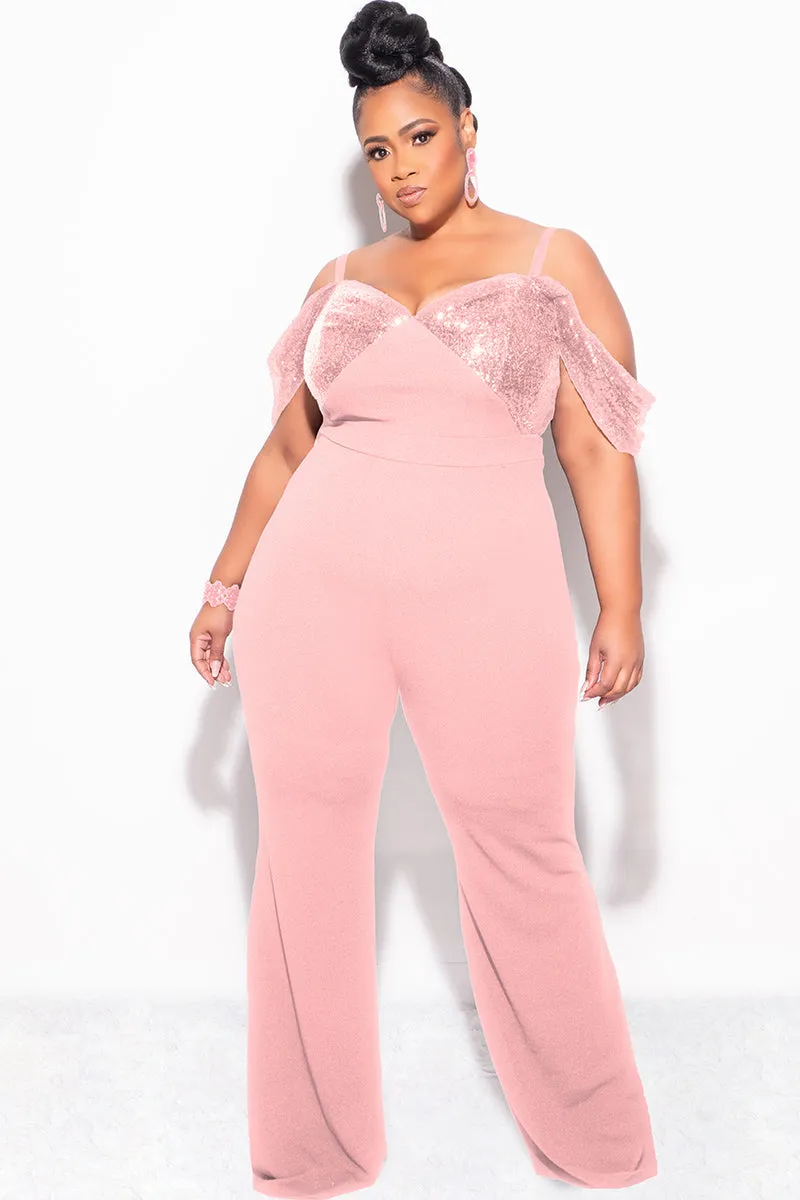 Final Sale Plus Size Off The Shoulder Faux Wrap Sequin Jumpsuit Mauve Pink