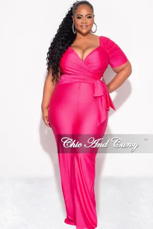 Final Sale Plus Size Off the Shoulder Faux Wrap Shiny Jumpsuit In Pink Final Sale Plus Size Off the Shoulder Faux Wrap Shiny Jumpsuit In Pink