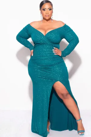 Final Sale Plus Size  Off the Shoulder Gown with Ruched Sides and Slit in Teal Glitter Final Sale Plus Size  Off the Shoulder Gown with Ruched Sides and Slit in Teal Glitter