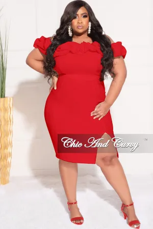 Final Sale Plus Size Off the Shoulder Ruffle BodyCon Dress with Side Slit in Red Final Sale Plus Size Off the Shoulder Ruffle BodyCon Dress with Side Slit in Red