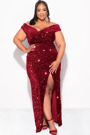 Final Sale Plus Size Off The Shoulder Sequin & Velvet Ruched Gown with Front Slit in Burgundy Final Sale Plus Size Off The Shoulder Sequin & Velvet Ruched Gown with Front Slit in Burgundy