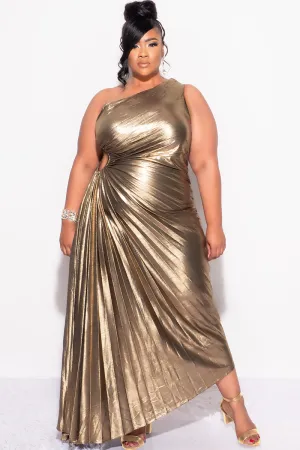 Final Sale Plus Size One Shoulder Asymmetric Pleated Dress with Cut Out in Metallic Bronze Final Sale Plus Size One Shoulder Asymmetric Pleated Dress with Cut Out in Metallic Bronze