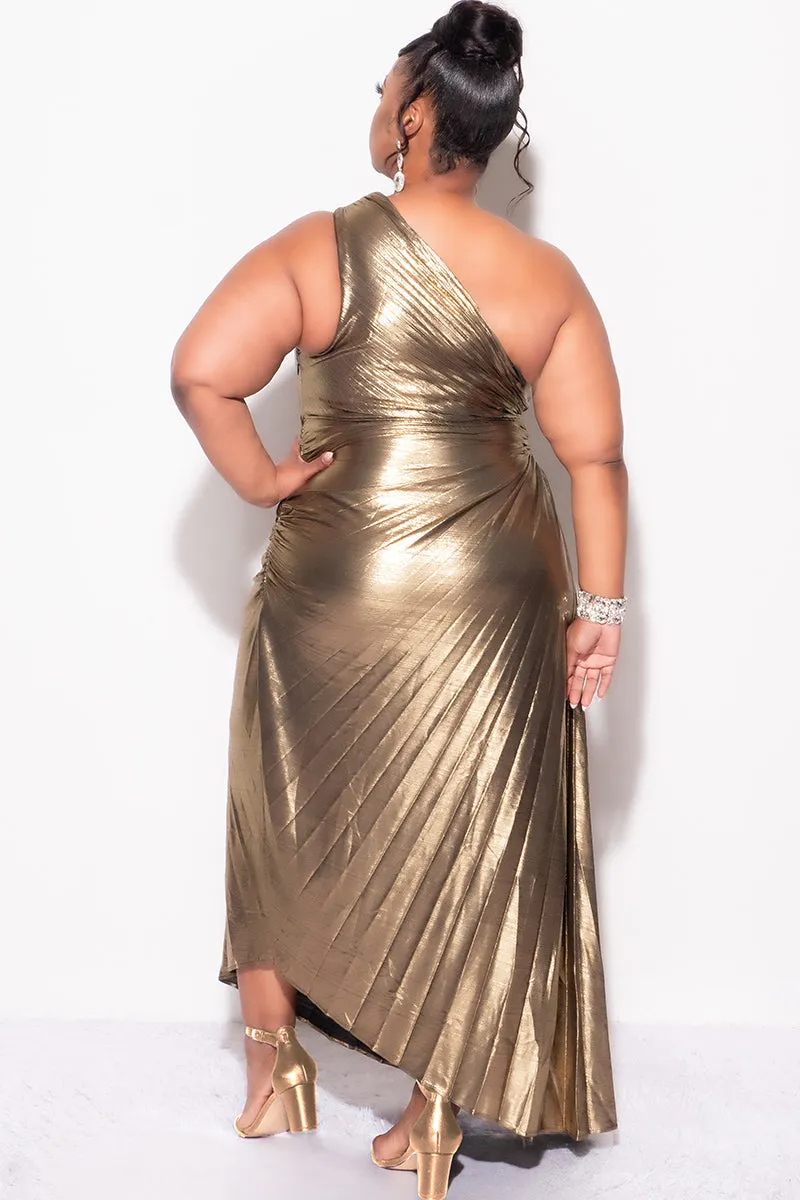 Final Sale Plus Size One Shoulder Asymmetric Pleated Dress with Cut Out in Metallic Bronze
