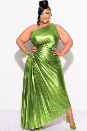 Final Sale Plus Size One Shoulder Asymmetric Pleated Dress with Cut Out in Metallic Moss Green Final Sale Plus Size One Shoulder Asymmetric Pleated Dress with Cut Out in Metallic Moss Green