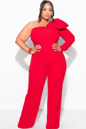 Final Sale Plus Size One Shoulder Long Sleeve Jumpsuit with Bow in Red Final Sale Plus Size One Shoulder Long Sleeve Jumpsuit with Bow in Red