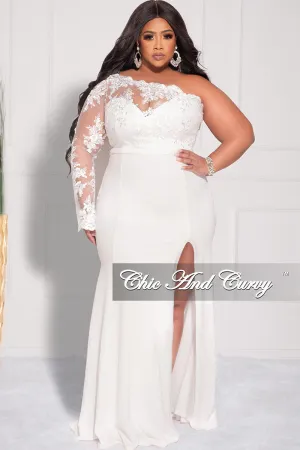 Final Sale Plus Size One Shoulder Long Sleeve Lace Detail Gown with Side Slit in Ivory Final Sale Plus Size One Shoulder Long Sleeve Lace Detail Gown with Side Slit in Ivory