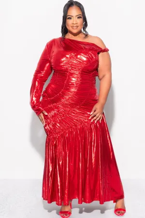 Final Sale Plus Size One Shoulder Ruched Dress in Metallic Red Final Sale Plus Size One Shoulder Ruched Dress in Metallic Red