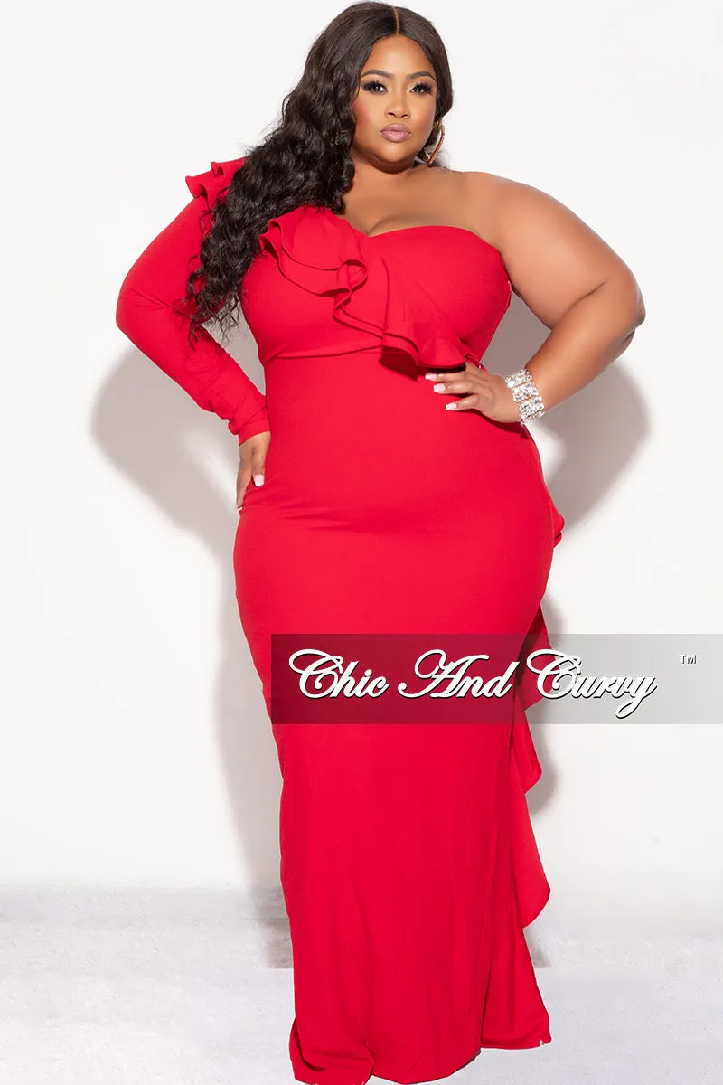 Final Sale Plus Size One Shoulder Ruffle Trim Gown in Red