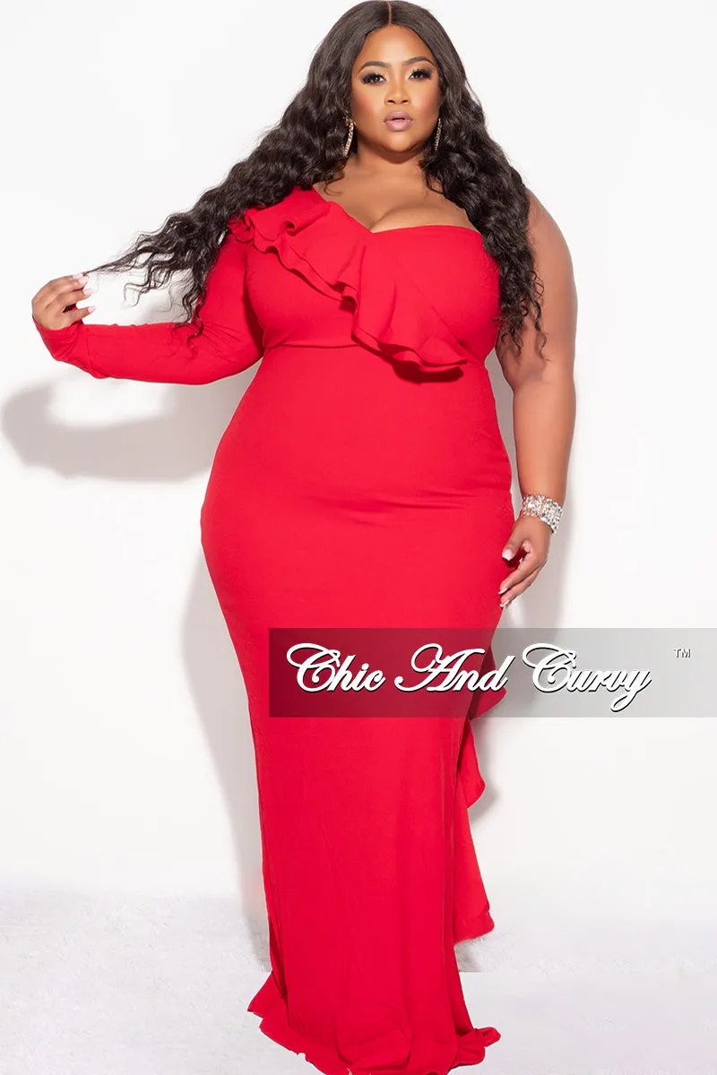 Final Sale Plus Size One Shoulder Ruffle Trim Gown in Red