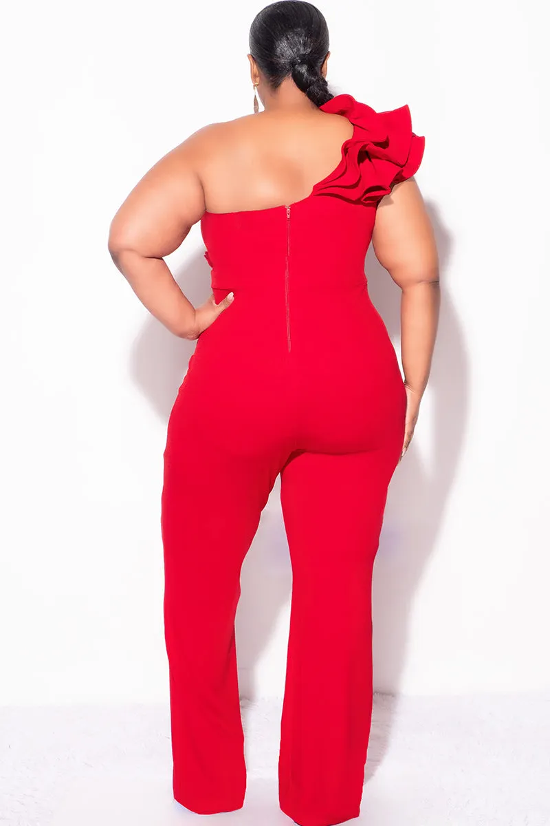 Final Sale Plus Size One Shoulder Ruffle Trim Jumpsuit in Dark Red