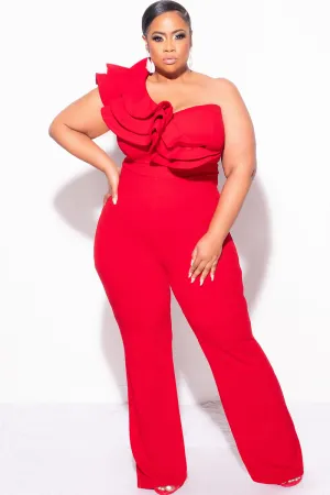 Final Sale Plus Size One Shoulder Ruffle Trim Jumpsuit in Dark Red Final Sale Plus Size One Shoulder Ruffle Trim Jumpsuit in Dark Red