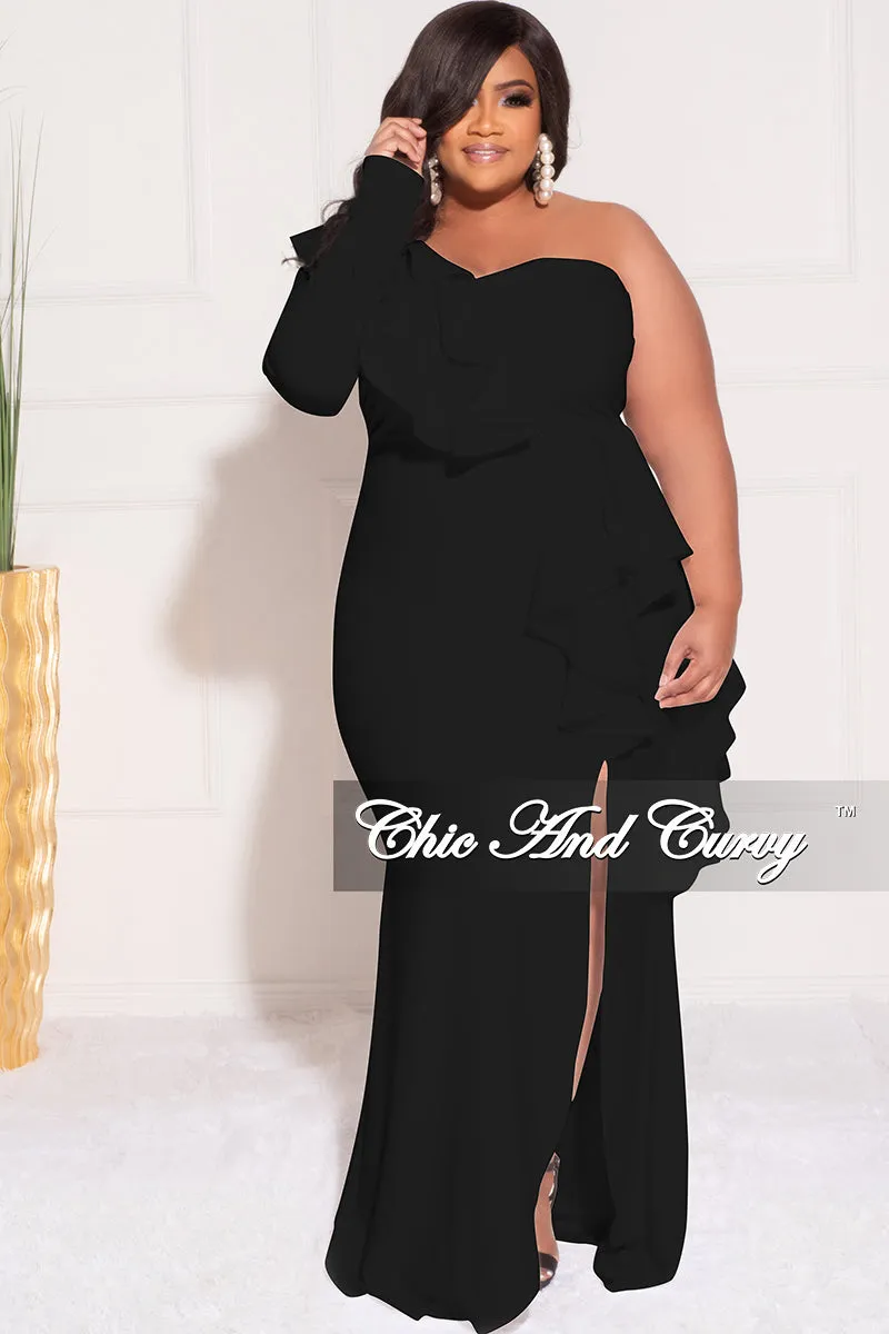 Final Sale Plus Size One Sided Ruffle Gown with Front Slit in Black