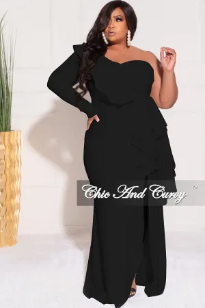 Final Sale Plus Size One Sided Ruffle Gown with Front Slit in Black Final Sale Plus Size One Sided Ruffle Gown with Front Slit in Black
