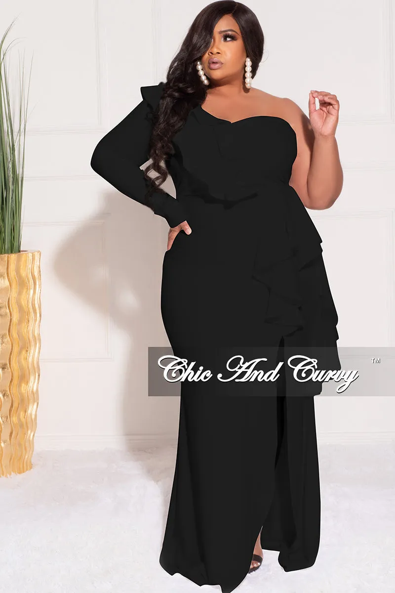 Final Sale Plus Size One Sided Ruffle Gown with Front Slit in Black