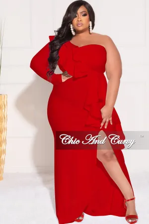 Final Sale Plus Size One Sided Ruffle Gown with Front Slit in Red Final Sale Plus Size One Sided Ruffle Gown with Front Slit in Red