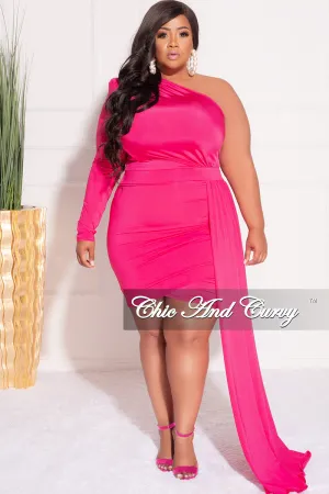 Final Sale Plus Size One Sleeve Long Sash Dress in Fuchsia Final Sale Plus Size One Sleeve Long Sash Dress in Fuchsia
