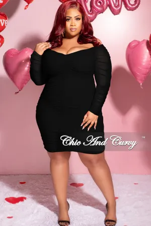 Final Sale Plus Size Ruched Off The Shoulder Mini Dress in Black Mesh Final Sale Plus Size Ruched Off The Shoulder Mini Dress in Black Mesh