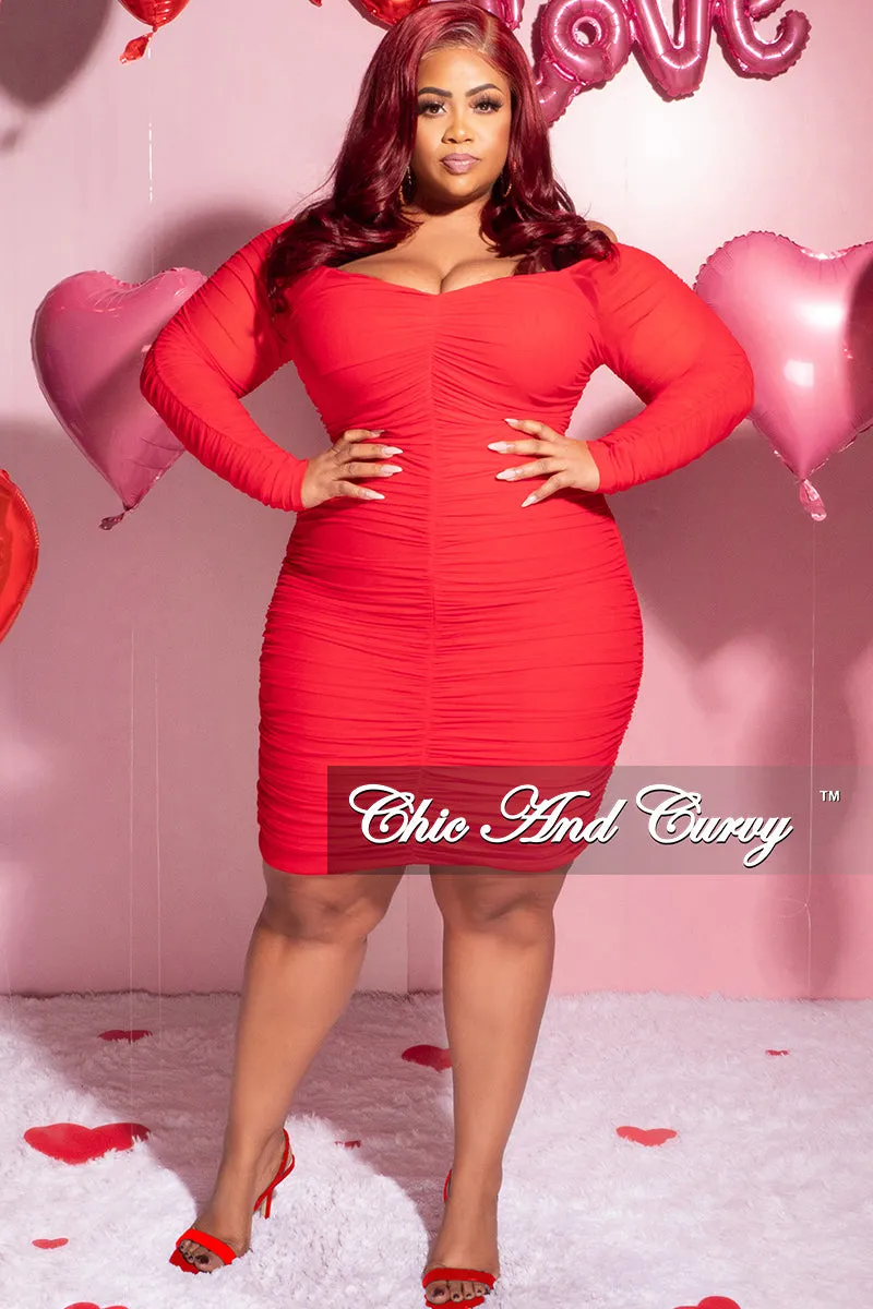 Final Sale Plus Size Ruched Off The Shoulder Mini Dress in Red