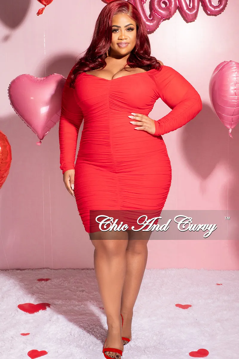 Final Sale Plus Size Ruched Off The Shoulder Mini Dress in Red