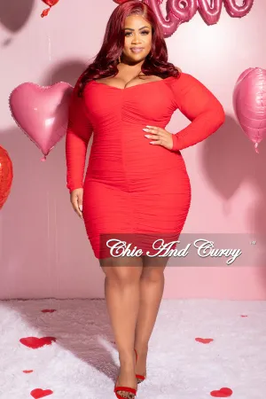 Final Sale Plus Size Ruched Off The Shoulder Mini Dress in Red Final Sale Plus Size Ruched Off The Shoulder Mini Dress in Red
