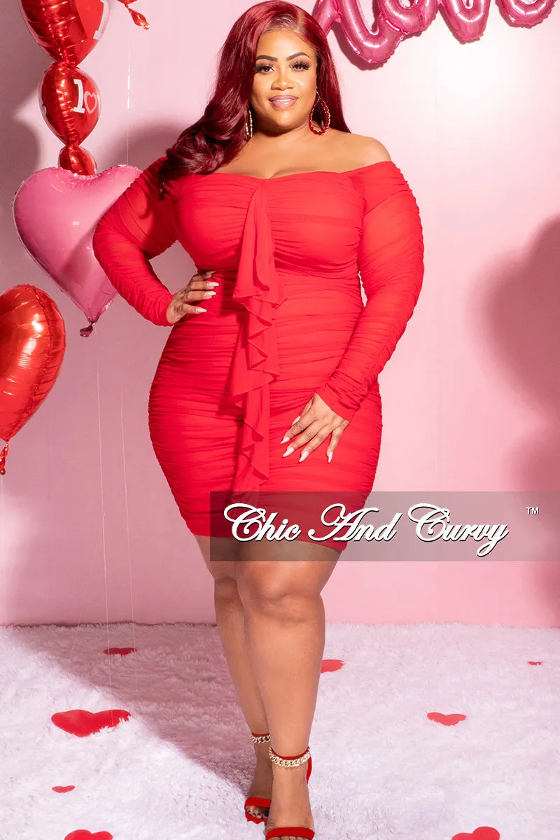 Final Sale Plus Size Ruched Off The Shoulder Mini Dress with Center Sash in Red Mesh