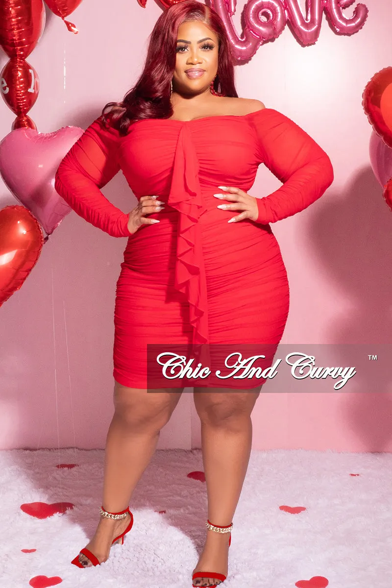 Final Sale Plus Size Ruched Off The Shoulder Mini Dress with Center Sash in Red Mesh