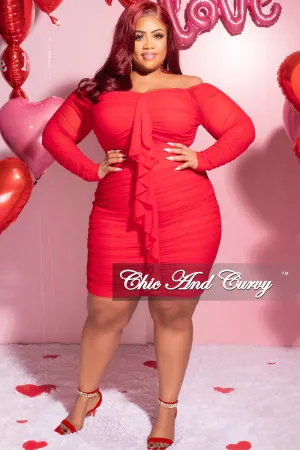 Final Sale Plus Size Ruched Off The Shoulder Mini Dress with Center Sash in Red Mesh Final Sale Plus Size Ruched Off The Shoulder Mini Dress with Center Sash in Red Mesh