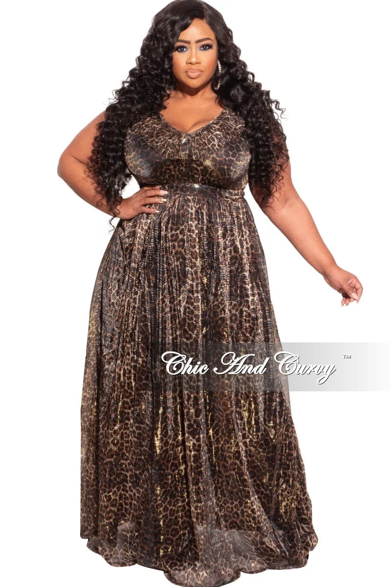 Final Sale Plus Size Ruffled V-neck Chiffon Gown in Cheetah Print