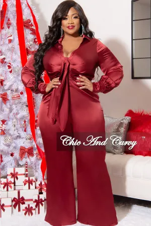 Final Sale Plus Size Satin Collar Front Tie Button Up Jumpsuit in Burgundy Final Sale Plus Size Satin Collar Front Tie Button Up Jumpsuit in Burgundy