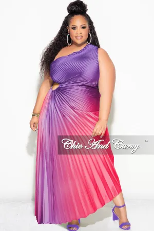 Final Sale Plus Size Satin One Shoulder Asymmetric Pleated Dress with Cut Out in Purple and Fuchsia Final Sale Plus Size Satin One Shoulder Asymmetric Pleated Dress with Cut Out in Purple and Fuchsia