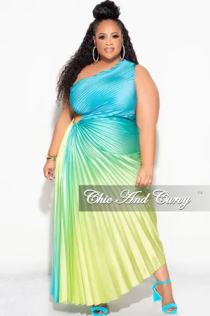 Final Sale Plus Size Satin One Shoulder Asymmetric Pleated Dress with Cut Out in Teal and Green Final Sale Plus Size Satin One Shoulder Asymmetric Pleated Dress with Cut Out in Teal and Green