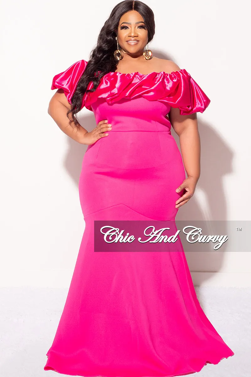 Final Sale Plus Size Scuba Off the Shoulder Satin Ruffle Long Gown in Fuchsia Scuba Fabric