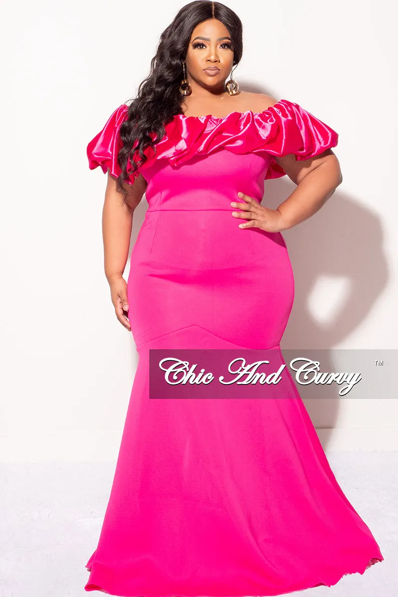 Final Sale Plus Size Scuba Off the Shoulder Satin Ruffle Long Gown in Fuchsia Scuba Fabric