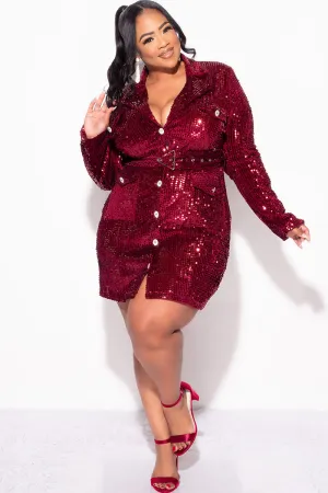 Final Sale Plus Size Sequin Blazer Dress with Rhinestone Buttons in Burgundy Final Sale Plus Size Sequin Blazer Dress with Rhinestone Buttons in Burgundy